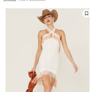 Shyanne White and Brown Backless, Halter Fringe Dress